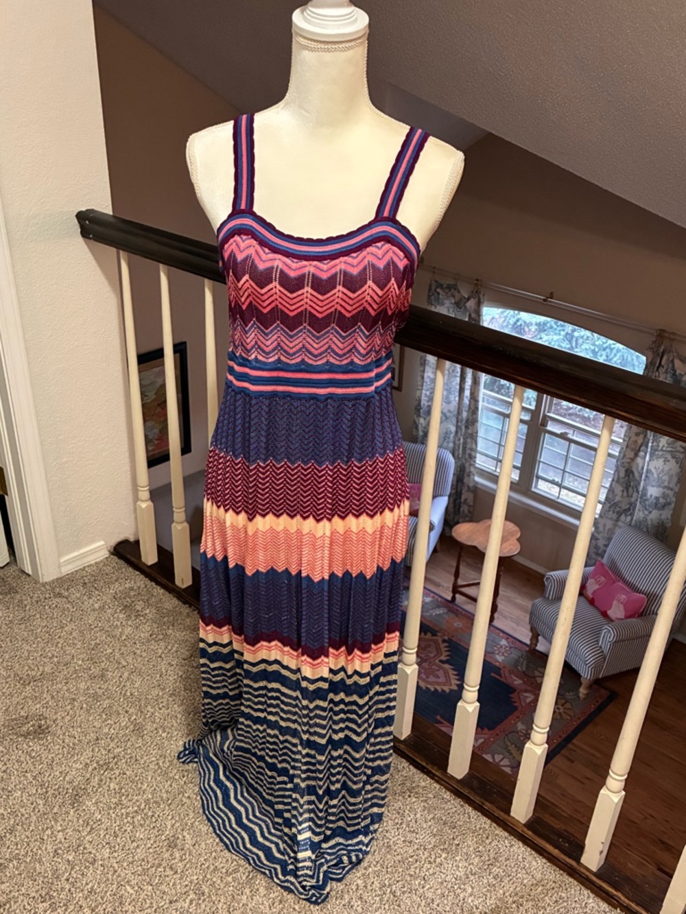 Primark Sleeveless Chevron Maxi Dress in Navy and Pink